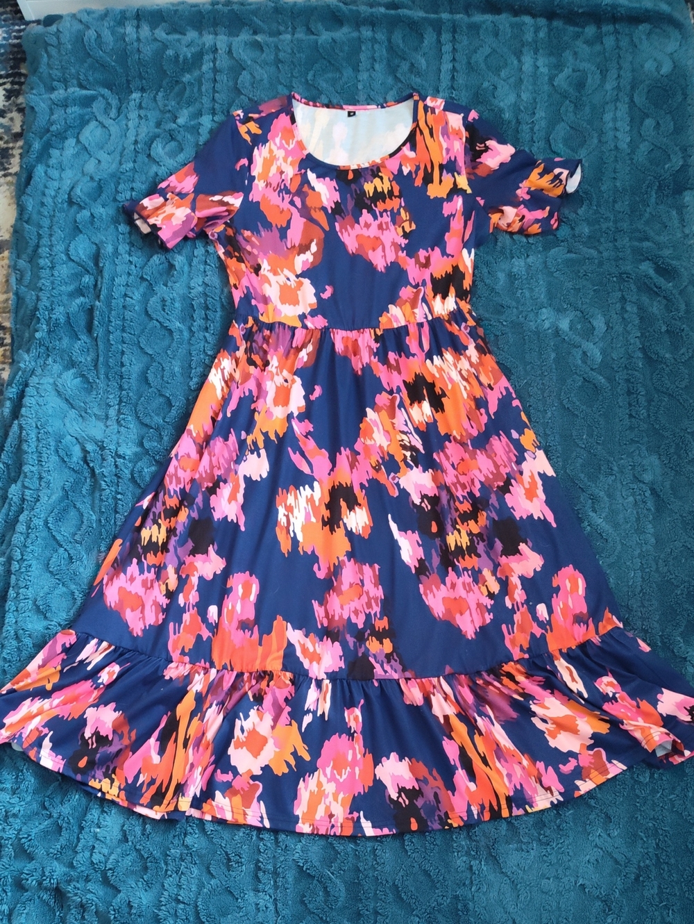 Floral Abstract Midi Dress in Navy with Pink & Orange